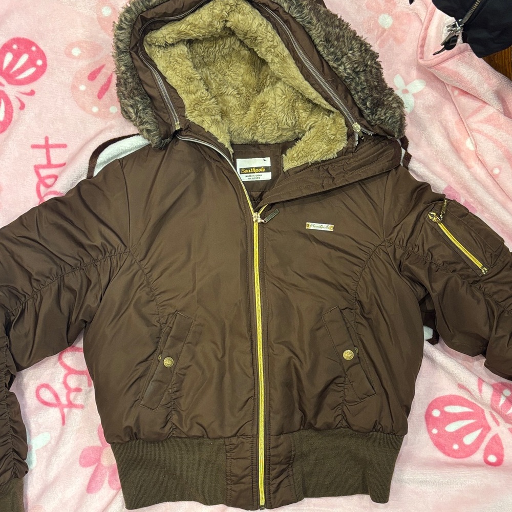 Southpole Brown Puffer Jacket with Faux Fur Hood